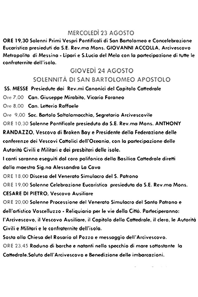 programma festa san bartolomeo lipari