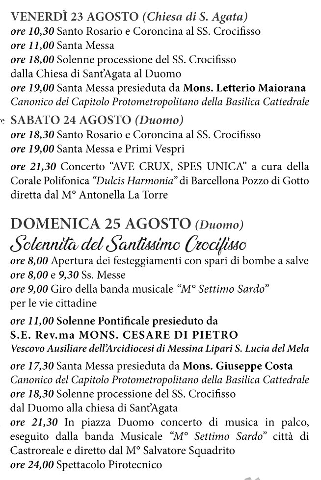 programma festa ss crocifisso castroreale