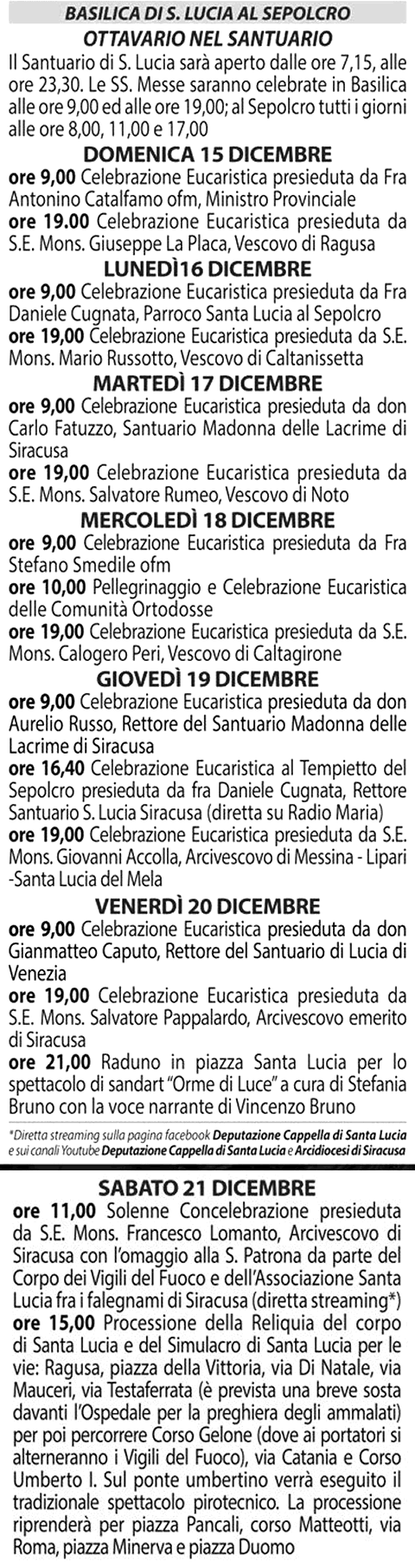 programma festa Basilica di S Lucia al sepolcro siracusa 2024