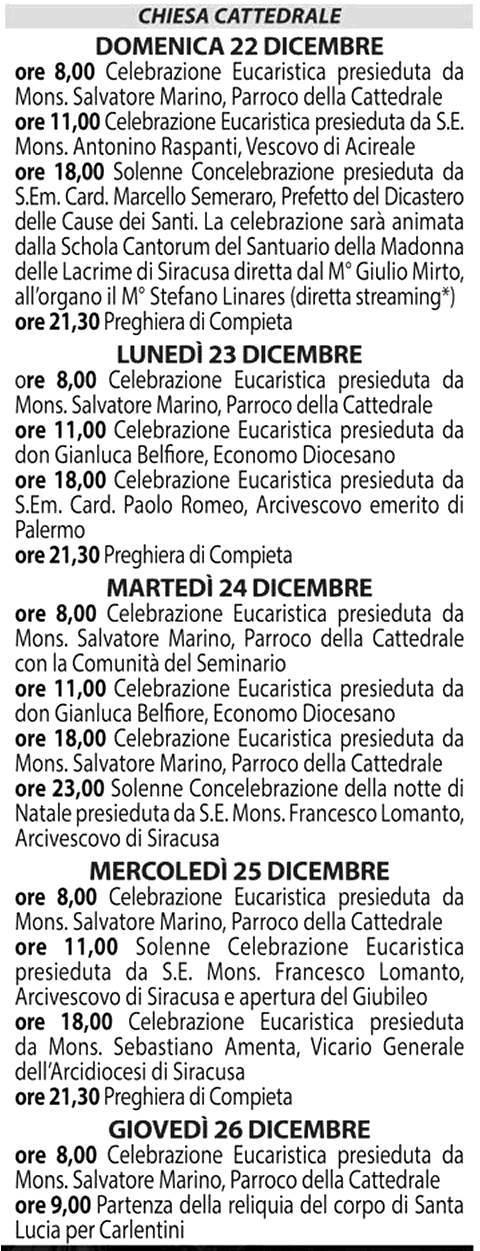 programma festa S Lucia 2024 Cattedrale siracusa 