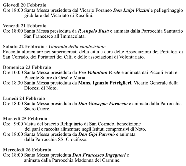 Programma Festa San Corrado Noto 19 febbraio